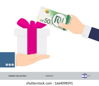 Buying a gift for 50 Israeli New Shekel banknote. Flat style vector illustration. Shopping and finance concept. 