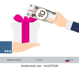 Buying a gift for 50 Russian Ruble banknote. Flat style vector illustration. Shopping and finance concept.