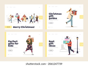 Buying gifts for christmas holidays concept of landing pages set with people carrying present boxes decorated for xmas and new year holidays. Cartoon flat vector illustration