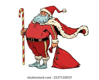 Buying gifts for New Year and Christmas. Santa Claus with a lollipop and a bag. Symbol of winter and holidays for business. Pop Art Retro Vector Illustration Kitsch Vintage 50s 60s Style. On a white