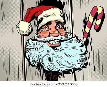 Buying gifts for New Year and Christmas. Santa Claus as a face from a horror movie. Bright advertising of online stores in winter. Pop Art Retro Vector Illustration Kitsch Vintage 50s 60s Style