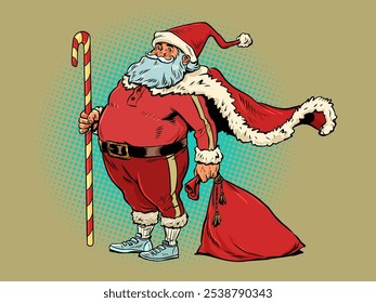 Buying gifts for New Year and Christmas. Santa Claus with a lollipop and a bag. Symbol of winter and holidays for business. Pop Art Retro Vector Illustration Kitsch Vintage 50s 60s Style