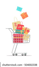 Buying gifts on sale. Shopping trolley full of gift boxes with discount percents tags flat vector illustration isolated on white background. Holiday purchases in supermarket. For store promotioms ad