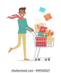 Buying gifts on sale. Smiling man carrying on shopping cart gift boxes with discount percents tags flat vector illustration isolated on white background. Holiday purchases in supermarket. For store ad