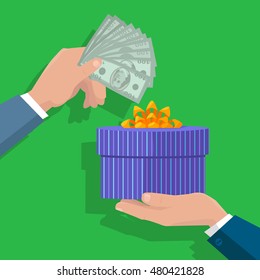 Buying gifts vector in flat design. Surprise in colored box with ribbon. Hands with packed present and dollar bills. For shopping, holiday sales, discounts concepts, event management companies