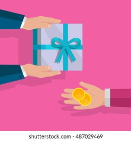 Buying gifts vector in flat design. Surprise in colored box with ribbon. Hands with packed present and coins. For shopping, holiday sales, discounts concepts, event management companies