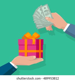 Buying gifts vector in flat design. Surprise in colored box with ribbon. Hands with packed present and dollar bills. For shopping, holiday sales, discounts concepts, event management companies 