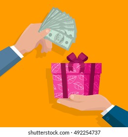 Buying gifts vector in flat design. Surprise in colored box with ribbon. Hands with packed present and dollar bills. For shopping, holiday sales, discounts concepts, event management companies