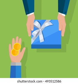 Buying gifts vector in flat design. Surprise in colored box with ribbon. Hands with packed present and coins. For shopping, holiday sales, discounts concepts, event management companies