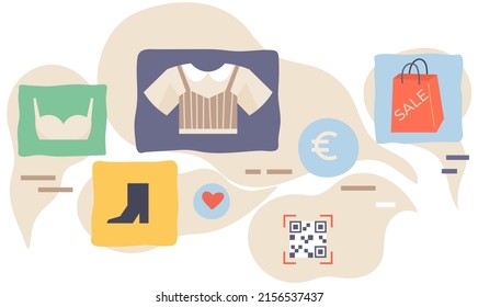 Buying goods and clothes in online store, e-commerce, internet shopping. Selection, order and cashless payment in shop. Program or application for choosing items via internet. Online shopping icons