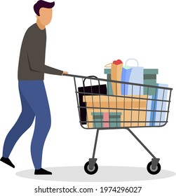 Buying goods at hypermarket flat color vector faceless character. Shopping cart. Grocery supermarket. Self-service shop isolated cartoon illustration for web graphic design and animation