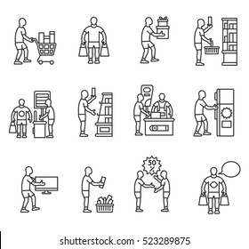 Buying goods icons set. Buyer, thin line design. The consumer in the supermarket, linear symbols collection. Man selects and buys the goods, isolated vector illustration.