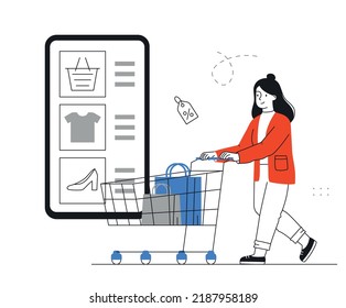 Buying goods on mobile phone. Woman with cart and packages passes next to smartphone with products. Metaphor of online shopping, home delivery and electronic payment. Cartoon flat vector illustration