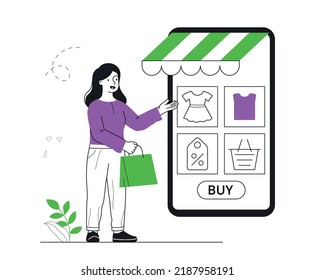 Buying goods on mobile phone. Young girl with package chooses goods on smartphone screen. Woman in online store adds products to cart. Poster or banner for website. Cartoon flat vector illustration