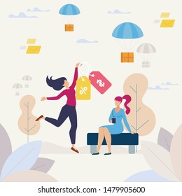 Buying Goods on Shop Sale, Purchasing with Discount Flat Vector Concept. Happy Woman Dancing with Price Tags, Female Buyer Celebrating Successful Shopping, Parcels Falling on Parachutes Illustration