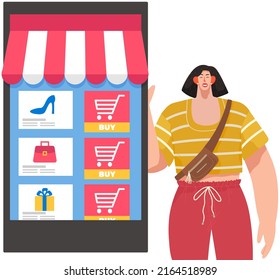 Buying goods on social media, e-commerce, internet shopping. Shopping website landing page template. Woman chooses goods in online store app. Purchase, order and cashless payment in internet shop