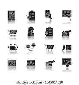 Buying goods online drop shadow black glyph icons set. Searching and ordering products in internet store. Compare price, pay by card. Digital shopping, e commerce. Isolated vector illustrations