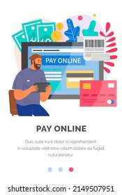 Buying goods online, e-commerce, internet shopping. Website for contactless payment landing page template. Man chooses and buys goods in online store. Order and cashless payment in internet shop