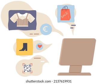 Buying goods in online store, e-commerce, internet shopping. Selection, order and cashless payment in shop. Program or website for choosing items via internet. Computer and online shopping icons