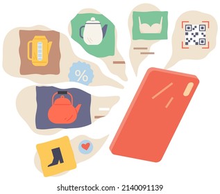 Buying Goods In Online Store, E-commerce, Internet Shopping. Purchase, Order And Cashless Payment In Shop. Mobile Phone App For Product Selection Via Internet. Smartphone And Online Shopping Icons