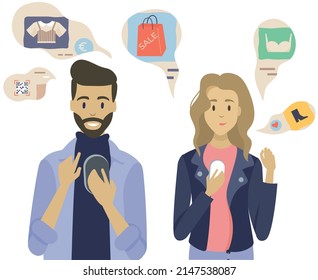 Buying goods in online store, e-commerce, internet shopping. Selection, order and cashless payment in shop. People use phone apps for choosing items via internet. Buyer and online shopping icons