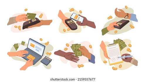 Buying goods and paying with wireless means of payment, transaction and banking. Smartphone and cash, dollar banknotes and coins, investment and business. Vector in flat style illustration