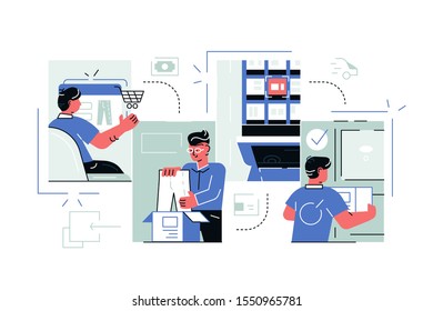Buying goods process via internet app vector illustration. Steps of online shopping such as choosing clothes, making order, packaging and delivery flat style concept