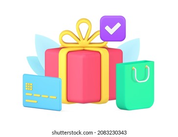 Buying goods purchase complete with checkmark celebrating holiday 3d icon isometric vector illustration. Successful payment enjoying purchasing retail with cardboard gift box and shopping bag isolated