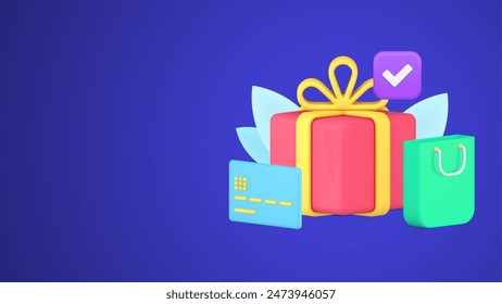 Buying goods purchase complete with checkmark celebrating holiday 3d icon isometric vector illustration. Successful payment enjoying purchasing retail with cardboard gift box and shopping bag isolated