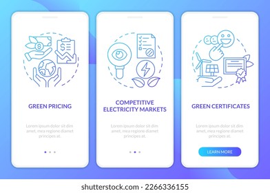 Buying green power blue gradient onboarding mobile app screen. Green power walkthrough 3 steps graphic instructions with linear concepts. UI, UX, GUI template. Myriad Pro-Bold, Regular fonts used