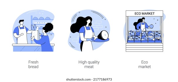 Buying groceries isolated cartoon vector illustrations set. Customer buying fresh bread at the bakery, high quality meet, butcher shop, farmer organic products, eco market stall vector cartoon.