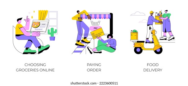 Buying groceries online isolated cartoon vector illustrations set. Choosing and ordering essentials with laptop, paying order online, grocery shopping via internet, food delivery vector cartoon.