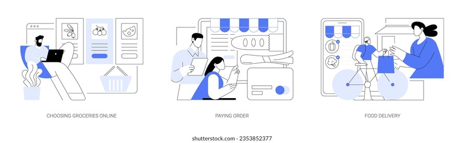 Buying groceries online isolated cartoon vector illustrations set. Choosing and ordering essentials with laptop, paying order online, grocery shopping via internet, food delivery vector cartoon.