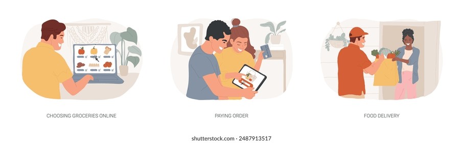 Buying groceries online isolated cartoon vector illustrations set. Choosing and ordering essentials with laptop, paying order online, grocery shopping via internet, food delivery vector cartoon.