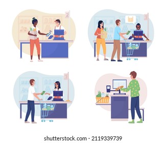 Buying groceries in shop 2D vector isolated illustration set. Customers and cashier flat characters on cartoon background. Selling product in supermarket colourful scene collection