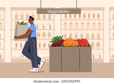 Buying grocery products. Man with package with natural and organic products. Character in shop or market with vegetables and fruits. Routine and household chores. Cartoon flat vector illustration