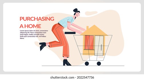 Buying a home House mortgage concept. Female character is delivery or moving home in shopping cart. Woman running with house in a supermarket trolley.  Flat vector illustration for web banner template