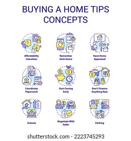 Buying home tips concept icons set. Real estate. First time house buyer recommendations idea thin line color illustrations. Isolated symbols. Editable stroke. Roboto-Medium, Myriad Pro-Bold fonts used