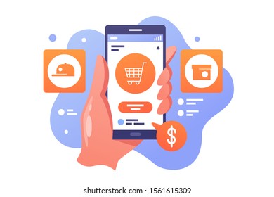 Buying from home vector illustration. Male hand holding smartphone with open internet application for e-purchasing flat style design. Online shopping concept