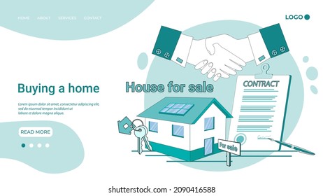 Buying a home.People are making a home purchase.The concept of a secure transaction.Insurance of real estate transactions .An illustration in the style of a landing page in green.