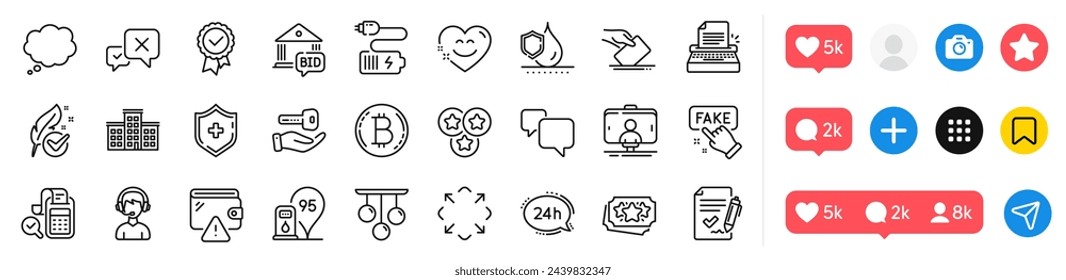 Buying house, 24h service and Wallet line icons pack. Social media icons. Battery, Medical shield, Bid offer web icon. Typewriter, Waterproof, Maximize pictogram. Vector