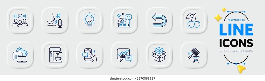 Iconos de la casa de compras, contabilidad y línea de escuadrón para la aplicación web. Paquete de software, cesta de parrilla, iconos del pictograma de deshacer. Micrófono, cafetera, señales de energía. Cerezo, cajas de embalaje, centro de llamadas. Vector