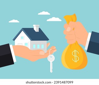 Buying house. Agent of real estate holding in hand house, key. Buyer, customer gives money bag. Deal sale and purchase of real, concept. Vector illustration flat design. Money home.