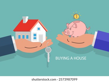 Buying house. Agent of real estate holding in hand house, key. Buyer, customer gives piggy bank with money. Deal sale and purchase of real, concept. Vector illustration flat design. Money home.