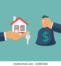 Buying house. Agent of real estate holding in hand house, key. Buyer, customer gives money bag. Deal sale and purchase of real, concept. Vector illustration flat design. Money home.