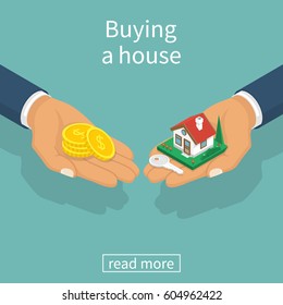 Buying house. Agent of real estate holding in hand house, key. Buyer, customer gives gold coin. Deal sale and purchase of real, concept. Vector illustration flat isometric design. Money home.