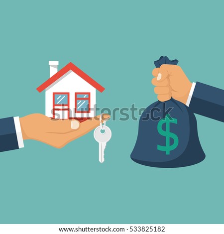 Buying house. Agent of real estate holding in hand house, key. Buyer, customer gives money bag. Deal sale and purchase of real, concept. Vector illustration flat design. Money home.