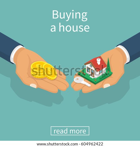 Buying house. Agent of real estate holding in hand house, key. Buyer, customer gives gold coin. Deal sale and purchase of real, concept. Vector illustration flat isometric design. Money home.