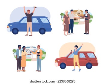 Buying house and car 2D vector isolated illustrations set. Happy newly minted owners. Real estate flat character on cartoon background. Colorful editable scene for mobile, website, presentation pack