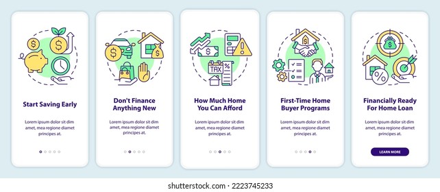 Buying house checklist onboarding mobile app screen. Homeownership walkthrough 5 steps editable graphic instructions with linear concepts. UI, UX, GUI template. Myriad Pro-Bold, Regular fonts used